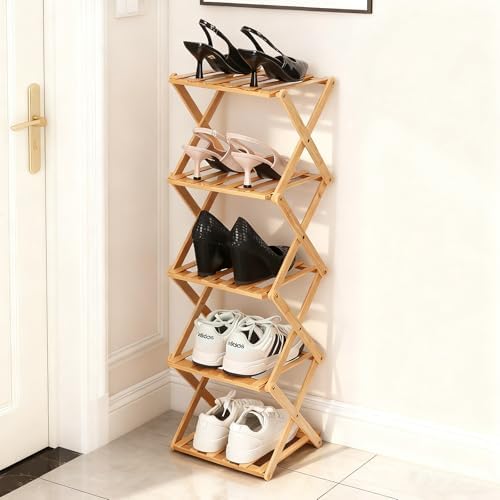 Bamboo Shoe Rack 5 Tier Foldable Shoe Rack for Entryway