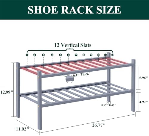 Smiry Bamboo Shoe Rack, 12 Vertical Slats, 2 Tier - 26.8" Wide, Grey