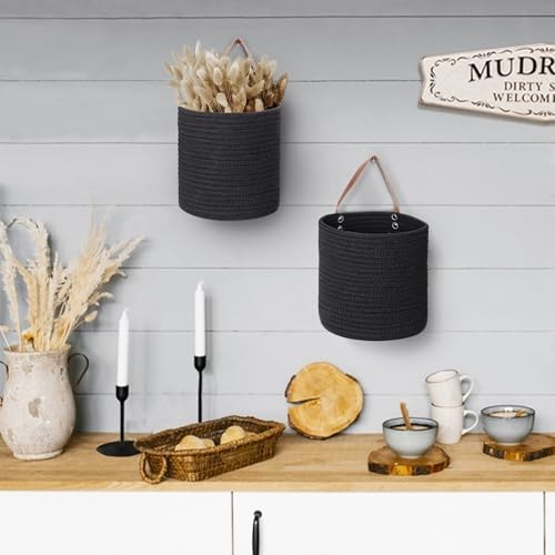 MEGASKET 2 Pack Hanging Basket, Small Wall Baskets for Organizing, Wicker Boho Wall Decor Set, Indoor Hanging Plant Holder, Rattan Woven Storage Bin for Home Decor, Farmhouse Storage Box, Black