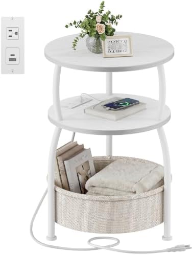 Round Side Table with Charging Station, USB Type C Port, White | Small Table with Storage Basket,Tall Side Table for Sofa,Small Spaces, Nightstand for Living Room Bedroom, 15.75in
