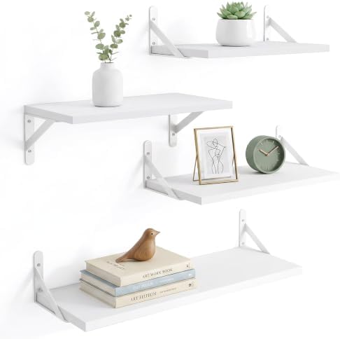 YGEOMER 4 Different Sizes Floating Shelves for Wall Home Decor, White | Rustic wood shelves in mixed sizes for flexible combined storage. Fits bathroom, kitchen, living room, bedroom and office.