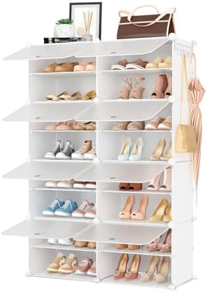 Shoe Rack 8 Tier Shoe Storage Cabinet with Door 32 Pair Tall Shoes Rack Organizer Free Standing Expandable Stable Plastic Easy Assembly Shoes Shelf for Closet Hallway Entryway Bedroom White
