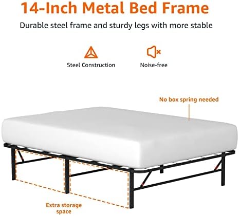 Amazon Basics Bed Frame with Ample Underbed Storage, Foldable Metal Platform, Sturdy Steel, No Box Spring Needed, 14 inches High, Noise-Free Support, Easy Assembly Tool-Free Setup, Full Size, Black