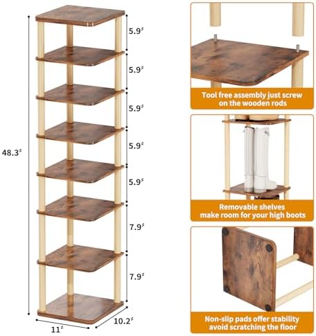 8 Tiers Vertical Shoe Rack, Tall Narrow Shoe Tower, Corner Shoe Rack, Brown