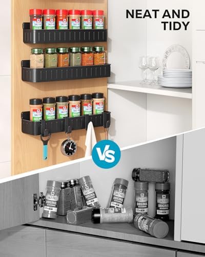 Nieifi Spice Rack Wall Mount, 4 Pack Black, 2" Depth, Screw/Adhesive | Wall-Mounted with Removable Hooks Saves Counter Space, Fits 2" Deep Jars, Ideal for Kitchen Cabinets, Pantry Doors, and RVs