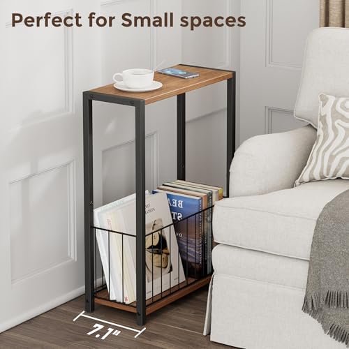 Homleke Narrow Side Table with Magazine Holder, Skinny End Table