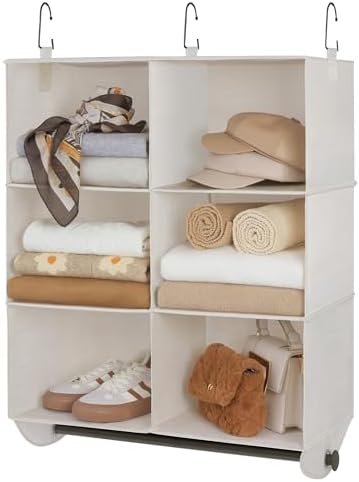 StorageWorks Hanging Closet Organizer with Rod, 6 Sections, 3 Tiers, White | Maximize Closet Space with 6 Open Sections and Built-in Rod for Hanging Clothes Below