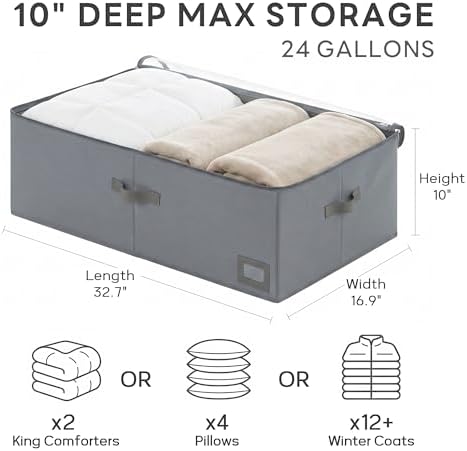 10" High Capacity Under Bed Storage Bins (2-Pack, Charcoal Grey), Deep 600D Heavy Duty Oxford Fabric Organizer Containers with Matching Vegan Leather Handles for Comforters, Pillows & Blankets
