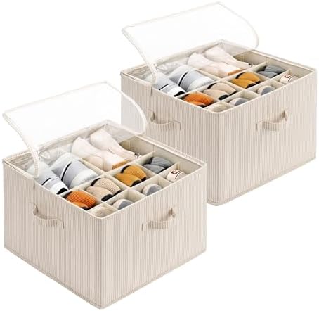 StorageWorks 2-Pack 32-Pair Shoe Organizer Bins, Khaki and Beige Stripes | Adjustable Dividers, Holds up to 16 Pairs Each, Foldable, Clear Lid, Fits Shoes, Clothes, Blankets, For Seasonal Storage