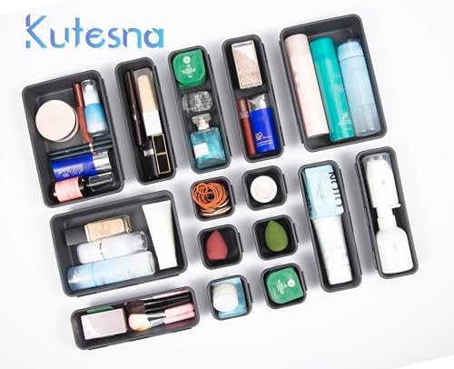 Kutesna 25PCS Interlocking Drawer Organizer, Plastic Desk Organizer Set | 4-Size Versatile Storage Bins,BPA-free, Non-slip, Fits Any Drawer for Cosmetics, Bathroom, Tools, Kitchen and Office