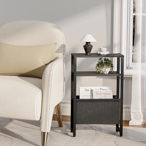Narrow Side Table, Slim End Table with Magazine Rack, Skinny Bedside Table for Small Spaces, 3 Tier Sofa Couch Table Nightstand for Living Room, Bedroom, Black LET503B