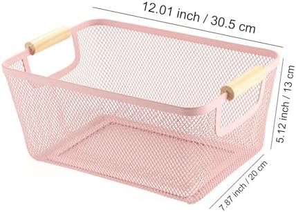 AJIODA Metal Mesh Steel Basket, Medium Wire Storage Organizer Basket Multi-function Hanging Kitchen Basket with Wood Handle for Kitchen Bathroom Picnic Home, Rectangle-Pink