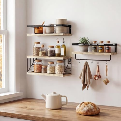 Fixwal Wall Mounted Bathroom Shelves Over Toilet (3+1 Light Brown) | Wall Shelf with Basket Storage , Towel Bar, Solid Wood, 22Lb Capacity, Easy DIY Install