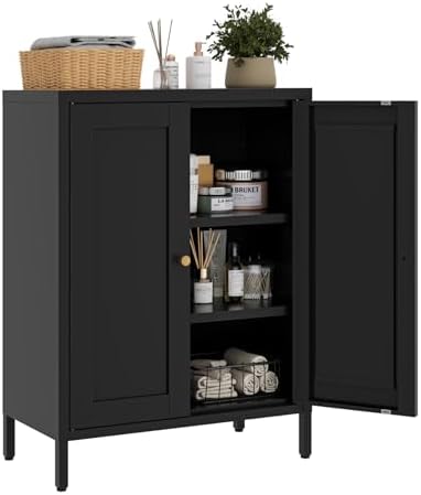 Small Metal Storage Cabinet,11.8" D x 23.6" Wx31.5 H,Bathroom Cabinet with Adjustable Shelves,Shaker Cabinet for Kitchen Living Room Entryway Dining Room, 3-Tier,Black