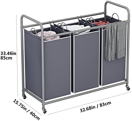LINZINAR 3 Section Laundry Hamper, Grey Laundry Basket, 135L Laundry Sorter | Laundry Room Organization with Heavy Duty Rolling Lockable Wheels and Removable Bag, Bedroom Laundry Cart for Clothes Storage