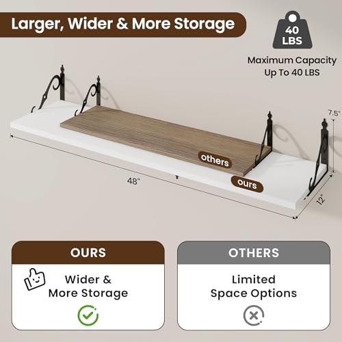 RICHFOCUS 12 Inch Deep Floating Shelves for Wall, 48" W x 12" D Wood Wall Shelves Set of 2, Wide Floating Shelves for Living Room, Bedroom, Kitchen, Bathroom and Decor Storage, White