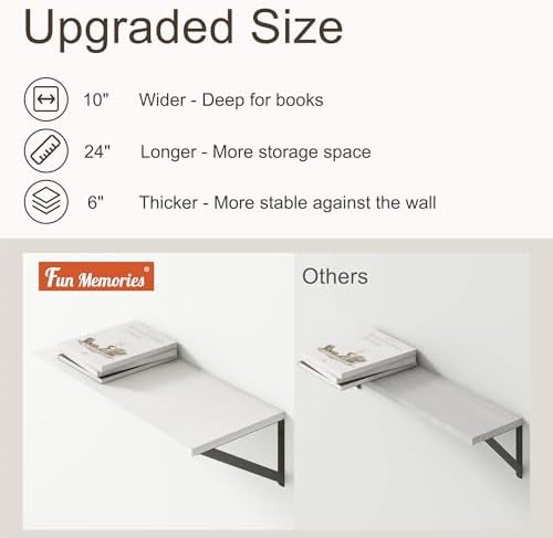 Deep White Floating Shelves for Wall, 24"W x 10"D Wall Shelves Set of 2, 10 Inch Deep Floating Shelf with Brackets, Wide Display & Storage Shelves for Books, Living Room, Kitchen, Bathroom