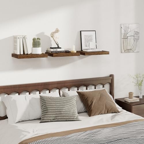 Fun Memories 12 Inch Deep Floating Shelves, 16 x 12 Wooden Wall Shelves, Extra Deeper & Thicker Rustic Wall Mounted Storage Shelf for Fireplace, Living Room, Kitchen, Farmhouse, Rustic Brown - 3Pack