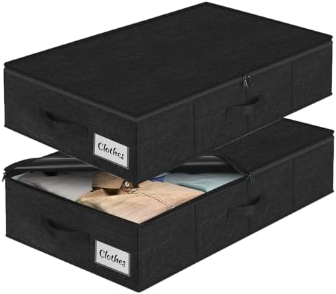 Under Bed Storage Container Bins 2 Pack, Low Profile Foldable Underbed Clothes Storage Organizer W/ Ultra Thick Fabric and Sturdy Bottom/Sides, Dual Zipper Storage Box for Dorm and Home 30x16x6.7"