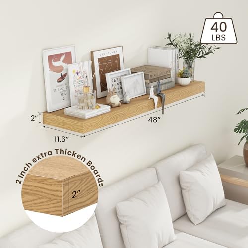 FLYJOE 48 Inch Floating Shelf, 12'' Deep Oak Shelves for Wall Set of 1
