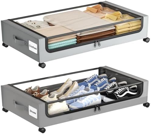 Under Bed Storage with Wheels,XXL 60L Under Bed Storage Containers with Clear Lids, Rolling Under Bed Metal Drawer for Clothes, Shoes,Toys(Gray, 2 Pack)