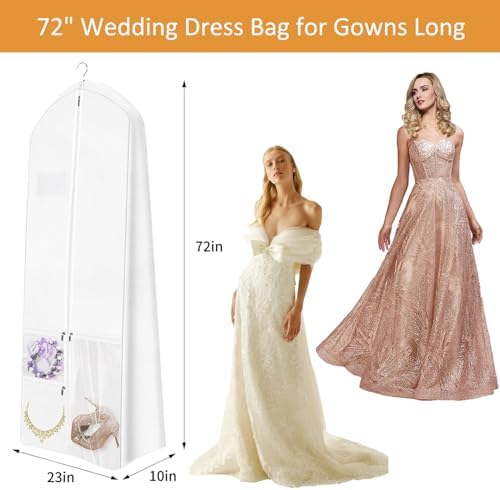 72" Wedding Dress Garment Bag with 10'' Gusseted Dress Bags for Gowns Long 4 Pockets Dress Bag Garment Storage Cover for Women, White