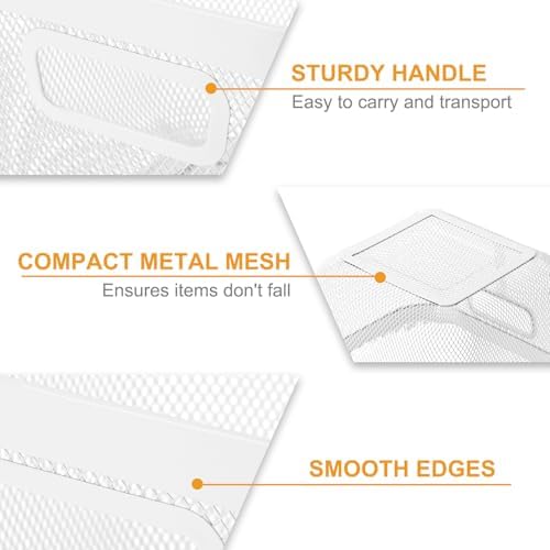 MorningRo 4 Pack Metal Mesh Basket with Hollow Handles White Wire Storage Bin for Organizing Stackable Metal Fine Mesh Basket for Pantry Bathroom Kitchen Cabinets Shelves (Medium)