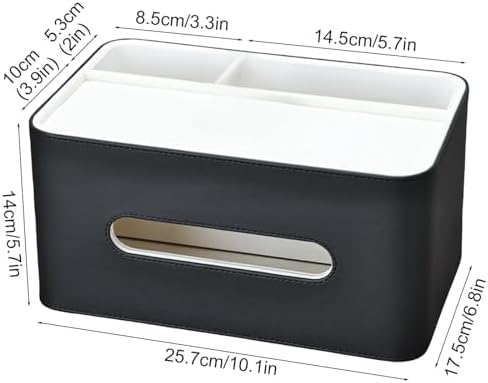 PU Leather Tissue Box Cover Rectangular with Storage Organizer Tray, Multifunctional Remote Control Holder, Desk Organizer for Living Room, Bedroom, Office, Decorative Tissue Holder Black