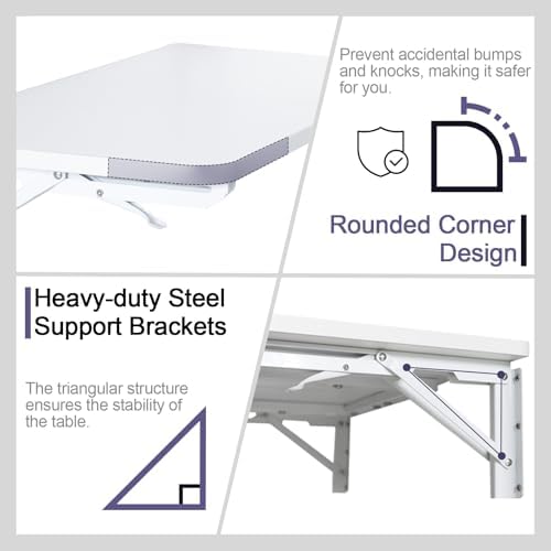 TEAMIX Wall Mounted Folding Table, White Floating Desk for Small Spaces Laundry Shelf with Heavy Duty Brackets Floating Desk for Garage, Utility Room, Kitchen, Laundry Room
