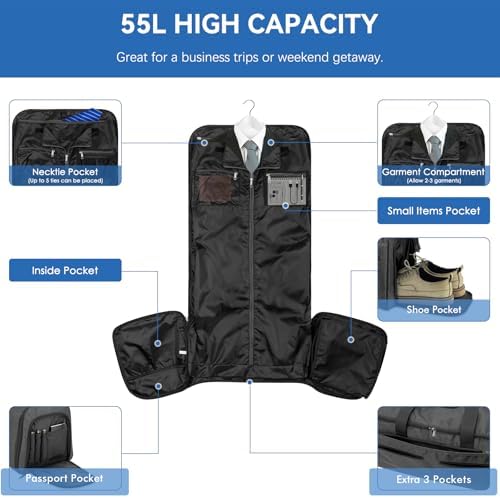 Garment Duffle Bags for Travel, Bukere Convertible Carry on Garment Duffel Bag for Men Women, Shoe Compartment, 2 in 1 Hanging Dress Suitcase Suit Travel Bags, Midnight Grey