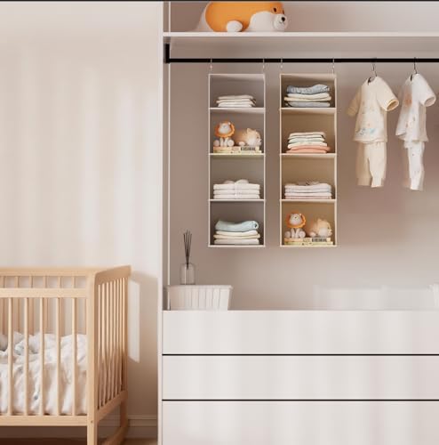 Hanging Closet Organizer and Storage with Bamboo Shelves - Foldable Storage for Clothes, Towels, Accessories | Space Saving, No Assembly Needed (Beige)