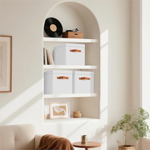 Homsorout Storage Bins with Lids - Fabric Storage Baskets for Shelves, 4 Pack Foldable Decorative Boxes with Handles, Stackable Organizer Bins for Home, Nursery, Dorm, White