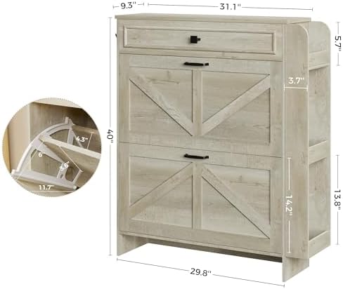 IRONCK Shoe Storage Cabinet with 2 Flip Drawers & Barn Door Design, Freestanding Shoe Cabinet Organizer with Drawer and Shelves for Entryway, Farmhouse Shoe Rack Cabinet,Rustic Maple
