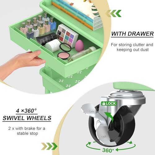 Goovilla 4 Tier Rolling Utility Cart Organizer with Removable Drawer, Green | Stable and Sturdy Rolling Storage Carts with 2 Lockable Wheels for Bathroom, Kitchen, Snack, Craft, Makeup, Baby Essentials