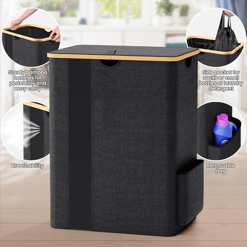 BlissTotes 150L Laundry Basket Hamper with Lid & Removable Bag,Dark Grey