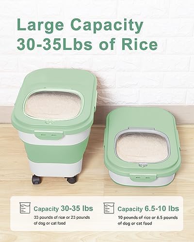 20-30 Lbs Rice Storage Container,Collapsible Food Storage Container | Flour Storage Container with Wheels Airtight Locking Lid,Cat Food Container Double Seal,Keep Fresh for Pet Food,Rice,Flour