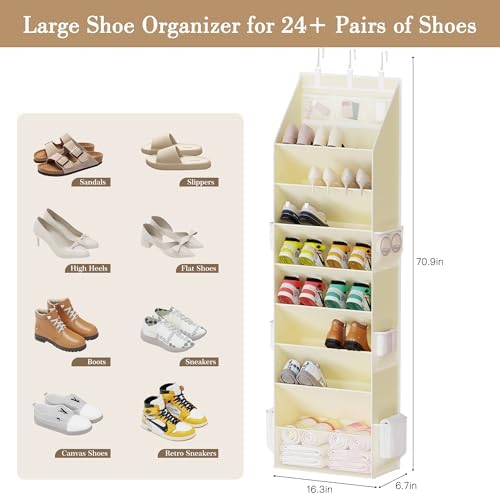 Criusia Shoe Storage, Over the Door Shoe Organizer, Hanging Closet Shoe Storage with Large Deep Pockets, Fits 16–24 Pairs of Sneakers, Sandals, Boots, Beige