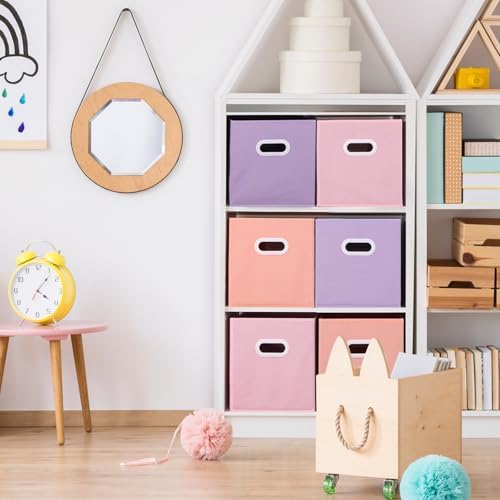 Stero Fabric Storage Cubes Bins, 13 inch Fun Colored Foldable Storage Baskets with Dual Plastic Handle for Home, Kids Room, Closet and Toys Organization, Multi Colored, Set of 6