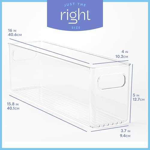 Plastic Food Storage 4 Pack Clear Container Bin with Handles for Organizing Kitchen, Pantry, Fridge, Freezer, Pantry,Bathroom. 16"x4"x5"
