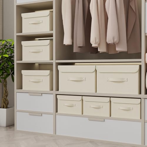 Cloth Storage Baskets with Handles,Beige 13x9.1x7.9in,1 Pack | Storage Boxes with Flip-Top Lids,Washable PP Panel Cube Drawer Organizers,Collapsible Underwear Divider Bins for Home