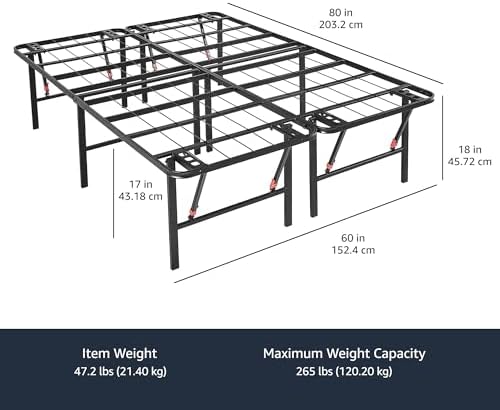Amazon Basics Foldable Metal Platform Bed Frame with Storage, Sturdy Steel, No Box Spring Needed, 18 Inches High, Tool-Free Easy Assembly, Noise-Free, Queen Size, Black