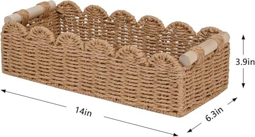 CubesLand Bathroom Basket Organizer, Toilet Tank Paper Storage Baskets 2PK | Scalloped Decorative Basket for Countertop w/Handle, Wicker Basket for Bathroom Decor, Home Decor, Living Room, Neutral