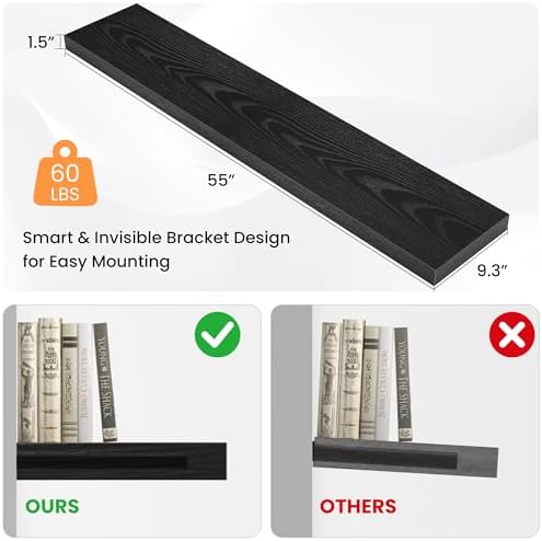 FLYJOE Floating Shelves for Wall, 55"W x 9.3"D x 1.5"H, Long Wooden Wall Mounted Display Shelves with Invisible Brackets for Living Room, Bedroom, Bathroom, Kitchen Decor and Storage, Set of 1, Black