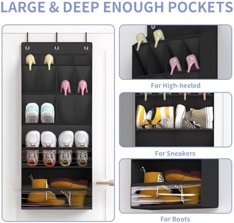 2 Pack Over the Door Shoe Organizers, Hanging Shoe Organizers Large Pockets | Shoe Holder Hanging Shoe Rack for Closet Shoe Organizer for Wall, Over Door Organizer with 28 Pockets for Boot, Sneaker Black