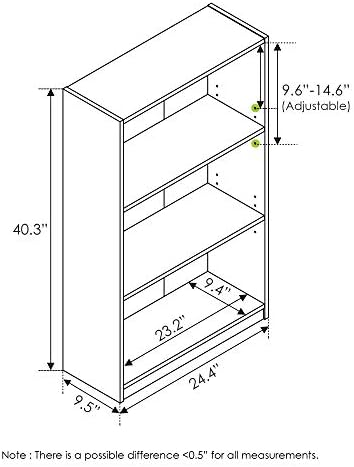 Furinno JAYA Book Shelf, 3-Tier Bookshelf, Bookcase with Adjustable Shelves, 9.5 x 24.5 x 40.3, for Organization and Storage, for Living Room, Bedroom, Home Office, Espresso