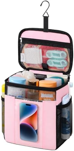 Lifewit Mesh Shower Caddy, Hanging Bathroom Organizer with PVC Phone Bag | Quick Dry, Portable, Toiletry Tote Bag, College Dorm Room Essentials for Travel, Gym, Camping, Medium, Pink