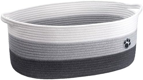 30L Large Woven Rope Dog Toy Basket with Paw Print, Mixed Grey | 19.7" x 11" x 7.9" Dog Toy Bin & Box with Handles, Storage Basket for Blankets Towels, Fits Living Room Nursery Bedroom