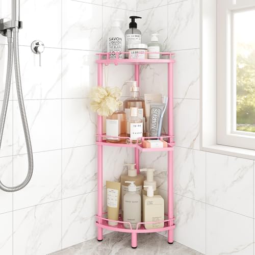 ELYKEN Corner Shower Caddy Standing, 3 Tier Metal Shower Organizer, Pink | Stainless Steel Shower Shelves with Soap Holder, Adjustable Feet & 2 Hooks for Storing Bath Essentials in Bathroom corner