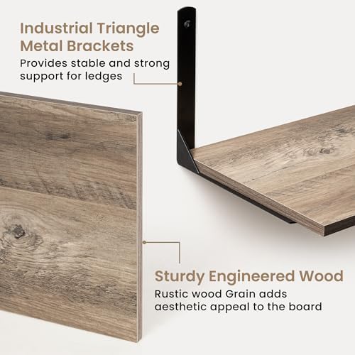 Fun Memories Floating Shelves for Wall, 12 Inch Deep Floating Shelves Set of 2, Wall Mounted Shelf with Metal Brackets, Rustic Wood Wide Shelf for Bathroom, Kitchen and Living Room, Grey, 32W x 12D