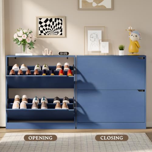 BORNOON Shoe Cabinet with 2 Flip Drawers, Slim Narrow Shoe Storage Cabinet, Freestanding Shoe Organizer with Adjustable & Removable Shelves, Top Display Shelf for Entryway, Hallway, Foyer, Closet